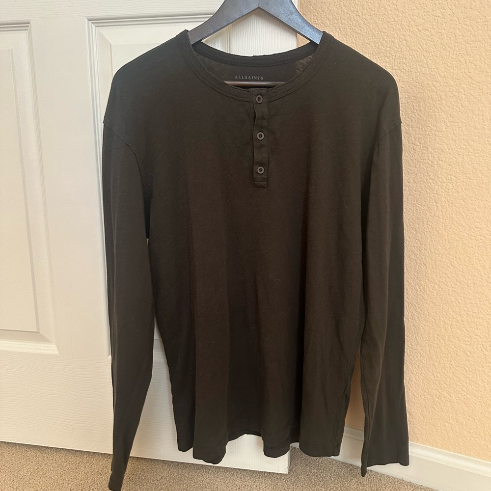 All Saints Men's Dark Green Long Sleeve Henley